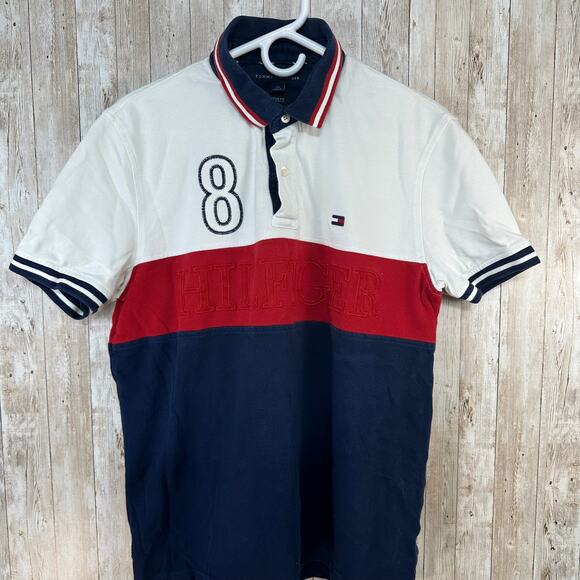 Tommy‎ Hilfiger Polo Shirt Mens L White Red Blue Colorblock Rugby Custom Fit - Picture 1 of 7